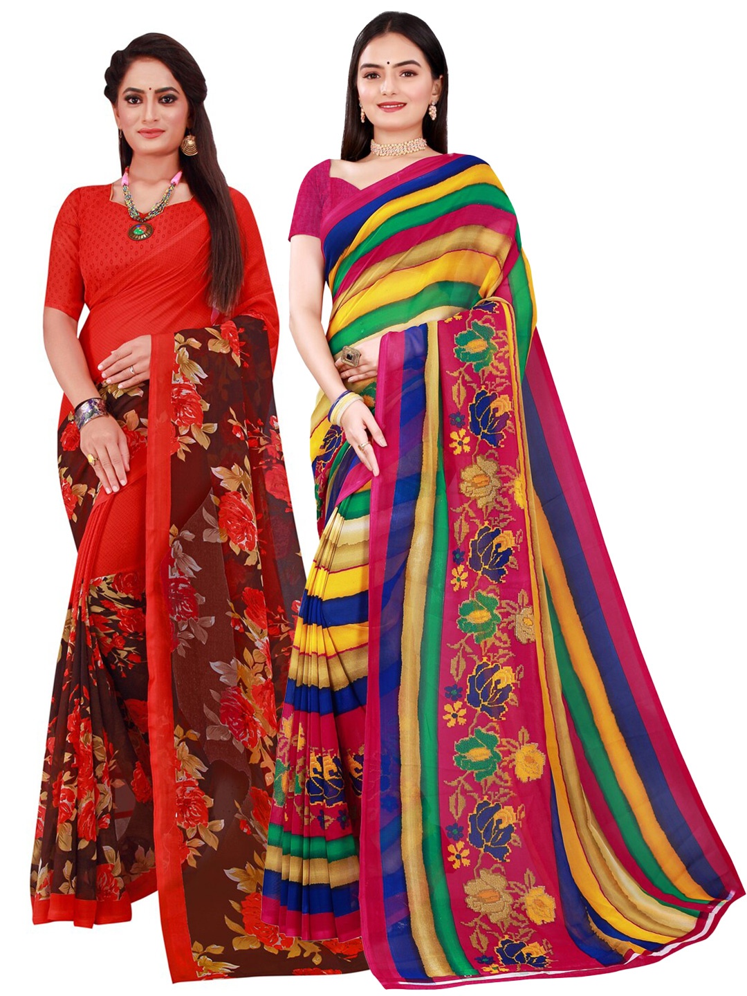 

KALINI Pack of 2 Red & Yellow Printed Floral Pure Georgette Saree