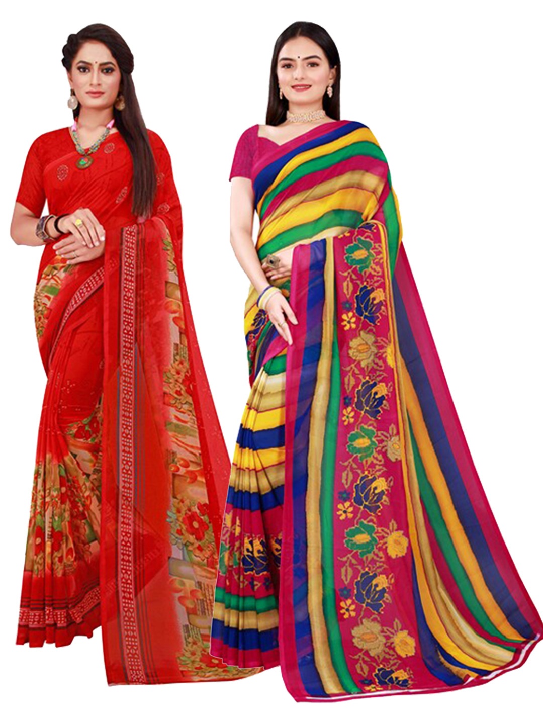 

KALINI Red & Yellow Floral Pure Georgette Saree