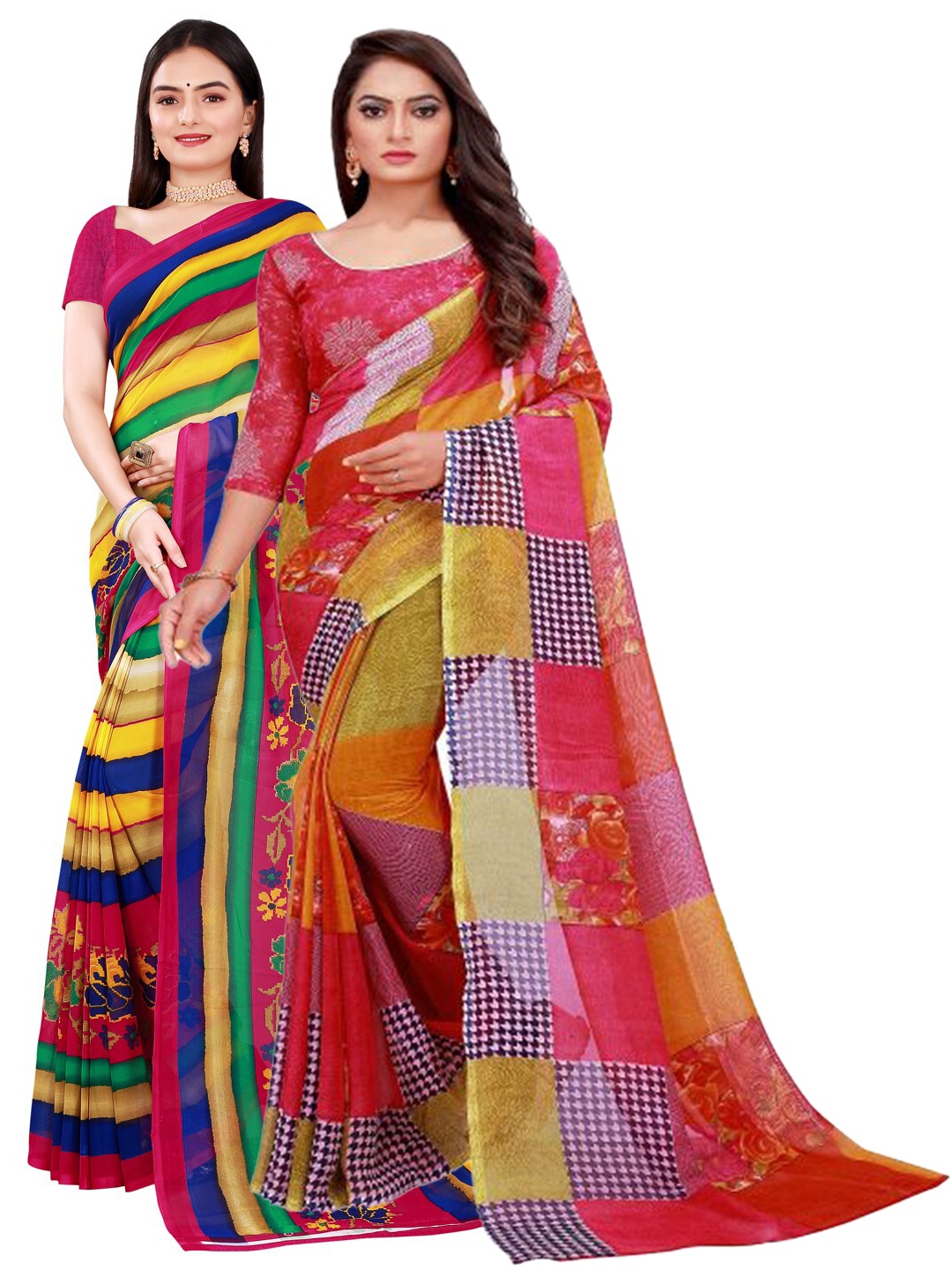 

KALINI Red & Multicoloured Pack of 2 Striped Pure Georgette Saree