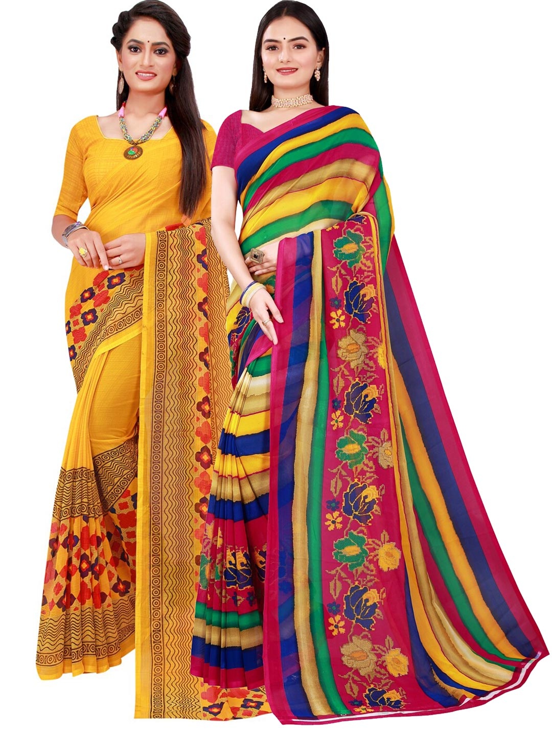 

KALINI Yellow & Red Pure Georgette Saree