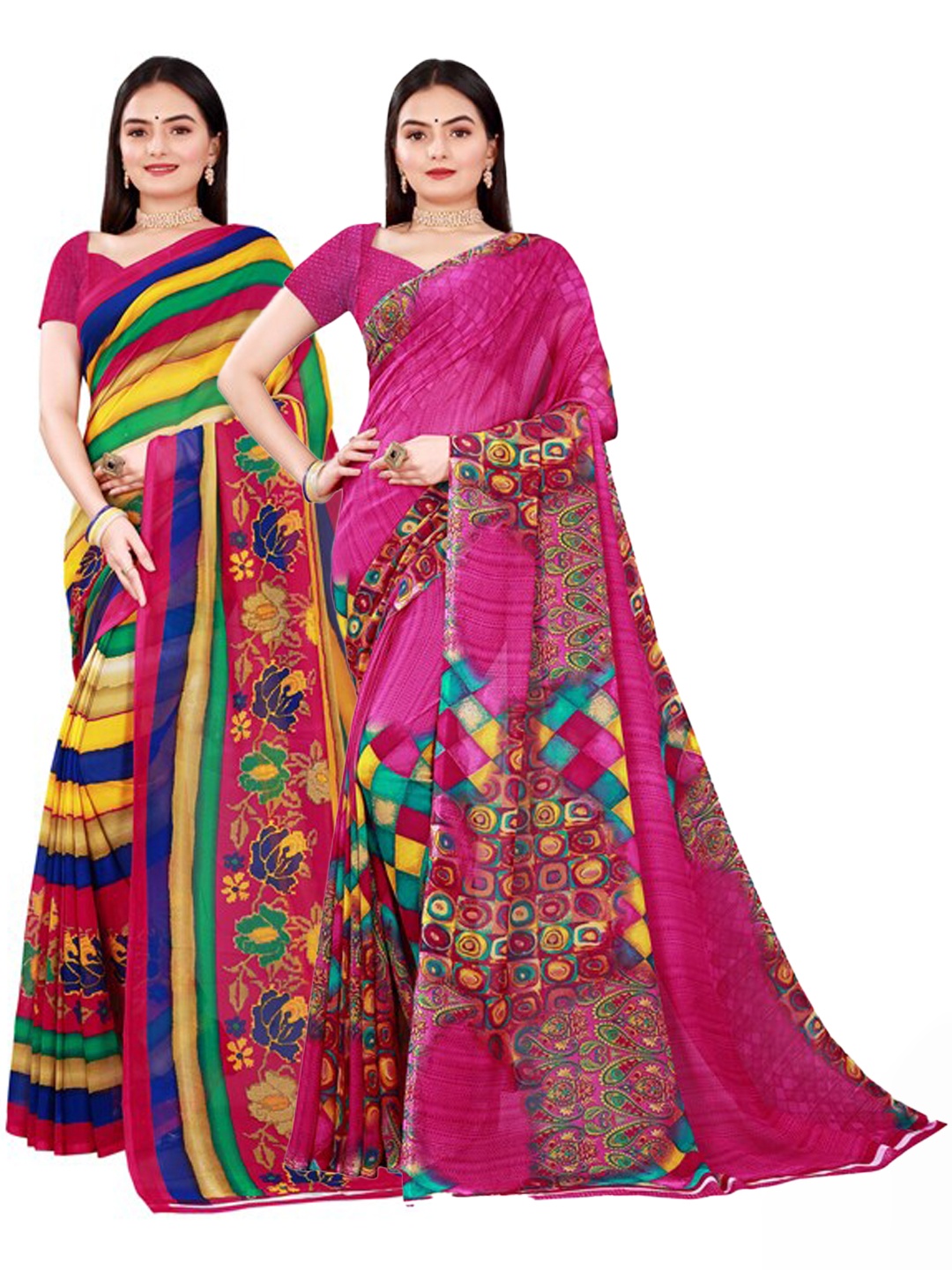 

KALINI Pack of 2 Magenta & Yellow Striped Pure Georgette Saree
