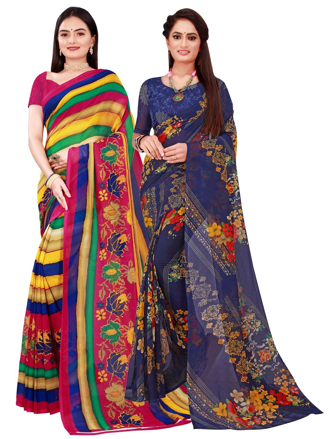 

KALINI Navy Blue & Yellow Floral Pure Georgette Saree