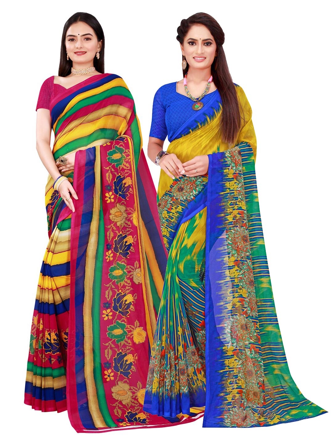 

KALINI Set Of 2 Yellow & Blue Floral Pure Georgette Saree