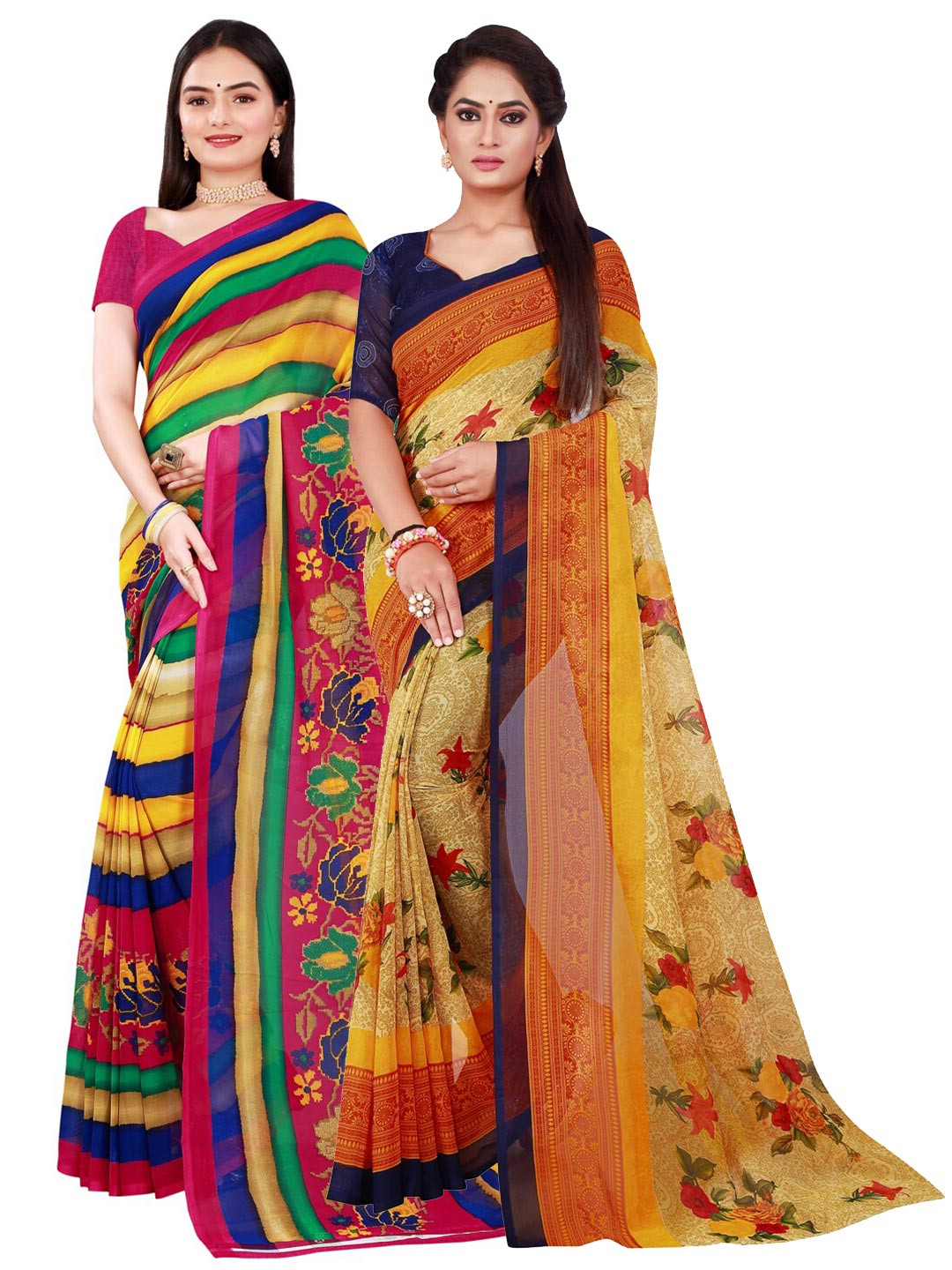 

KALINI Set Of 2 Beige & Blue Floral Pure Georgette Sarees