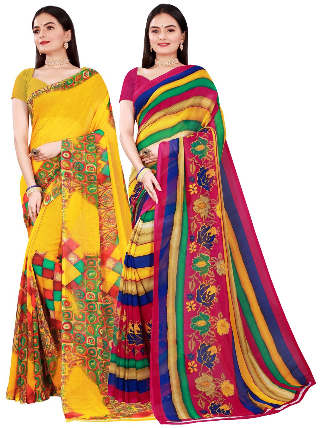 

KALINI Yellow & Pink Pure Georgette Printed Saree combo pack of 2