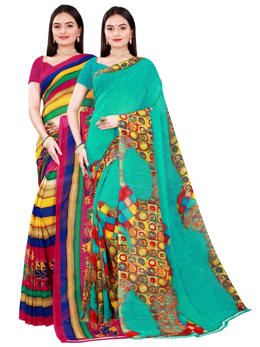

KALINI Pack Of 2 Women Green & Yellow Pure Georgette Saree