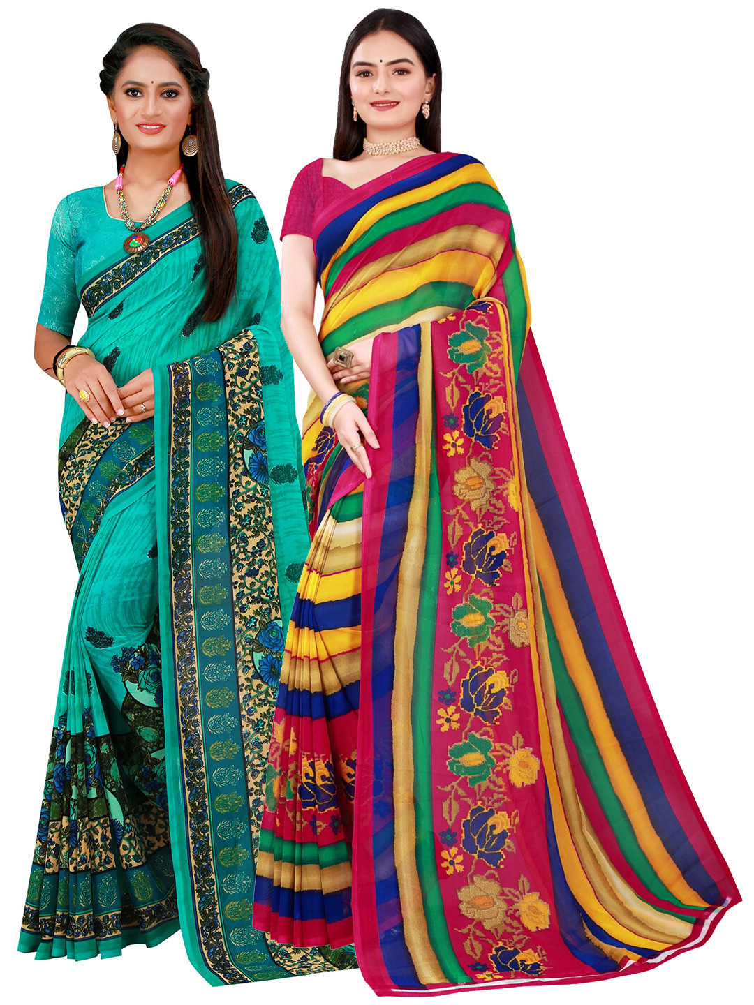 

KALINI Pack of 2 Navy Blue & Yellow Floral Printed Pure Georgette Saree