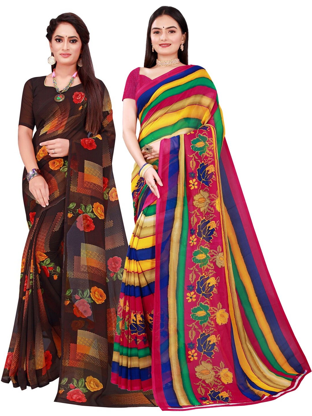 

KALINI Set Of 2 Brown & Yellow Floral Pure Georgette Saree