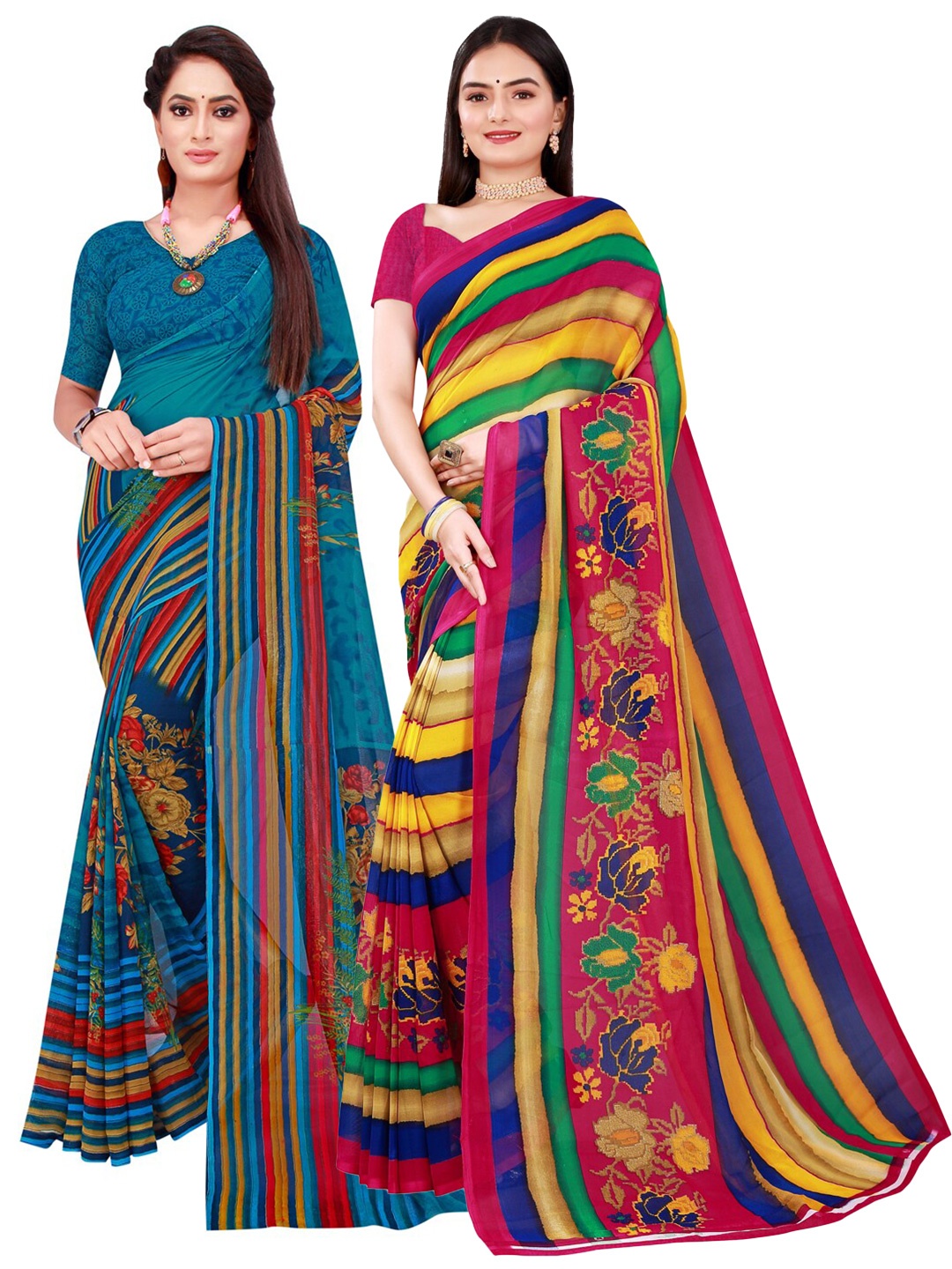 

KALINI Women Pack of 2 Blue & Orange Pure Georgette Saree