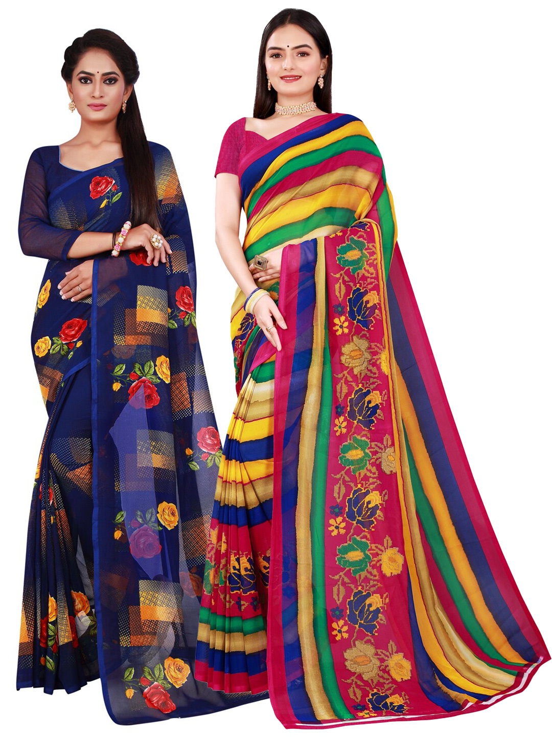 

KALINI Women Set of 2 Navy Blue & Yellow Printed Pure Georgette Saree