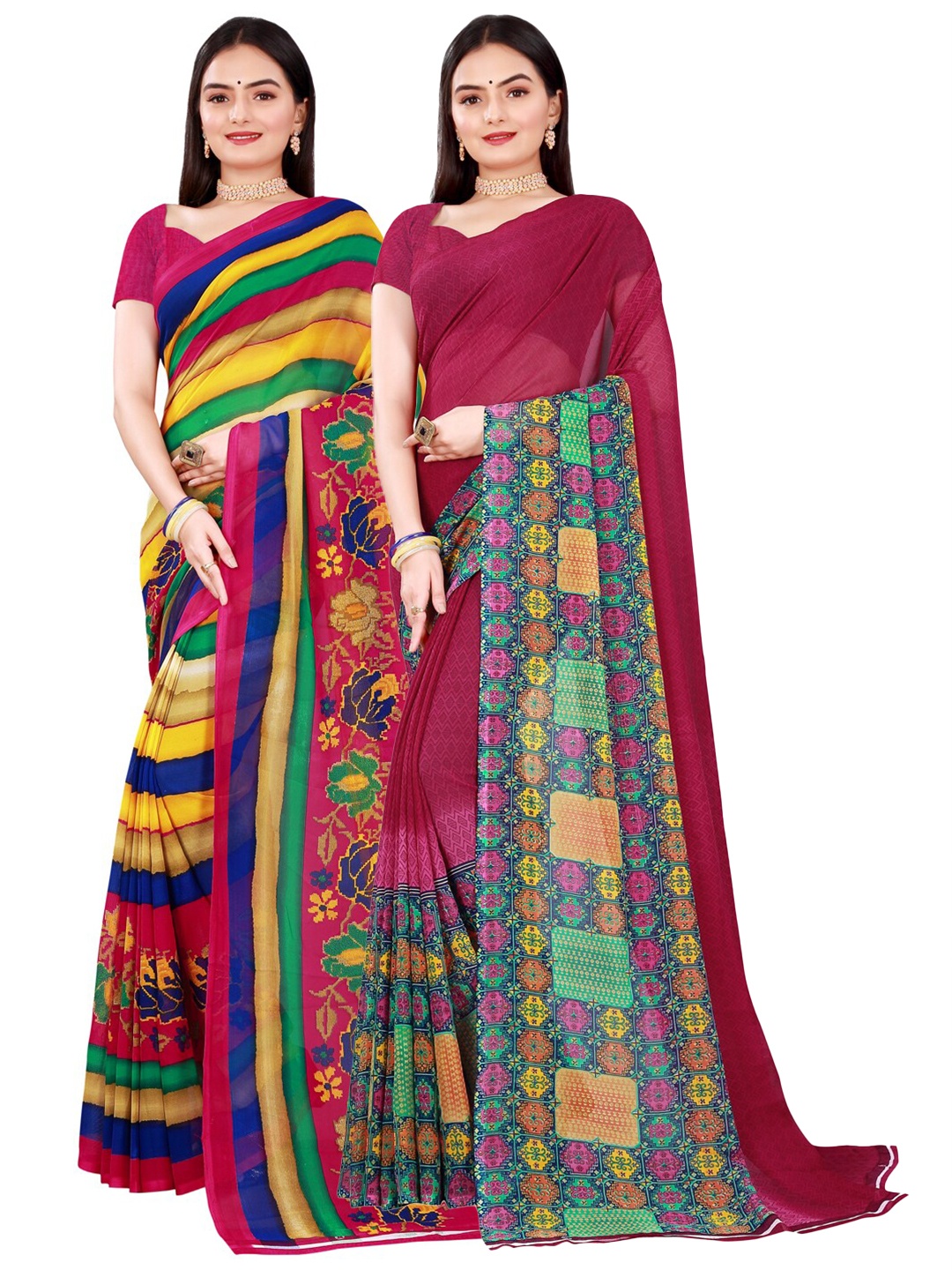 

KALINI Pack of 2 Maroon & Yellow Pure Georgette Sarees