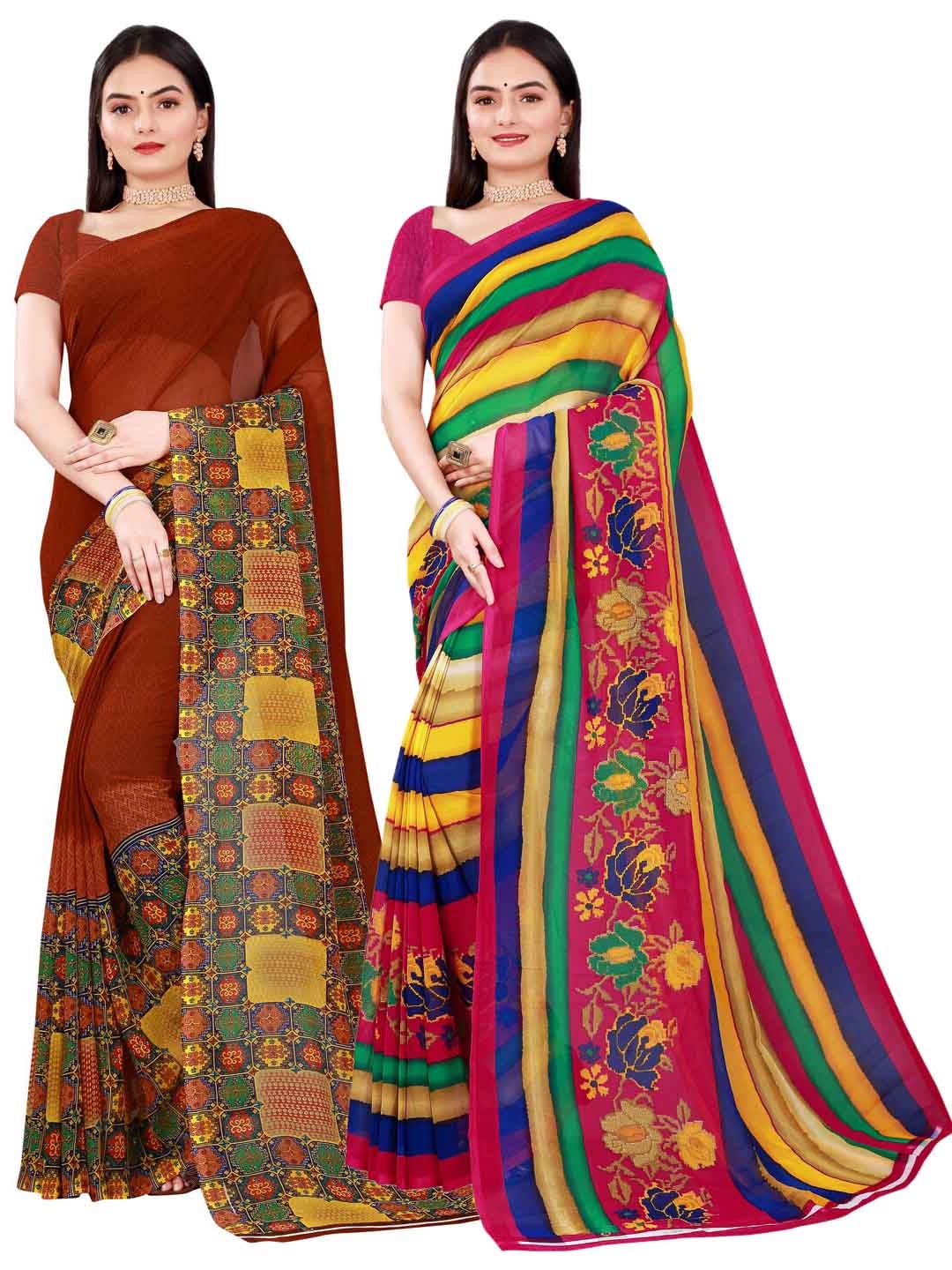 

KALINI Brown & Yellow Pure Georgette Saree