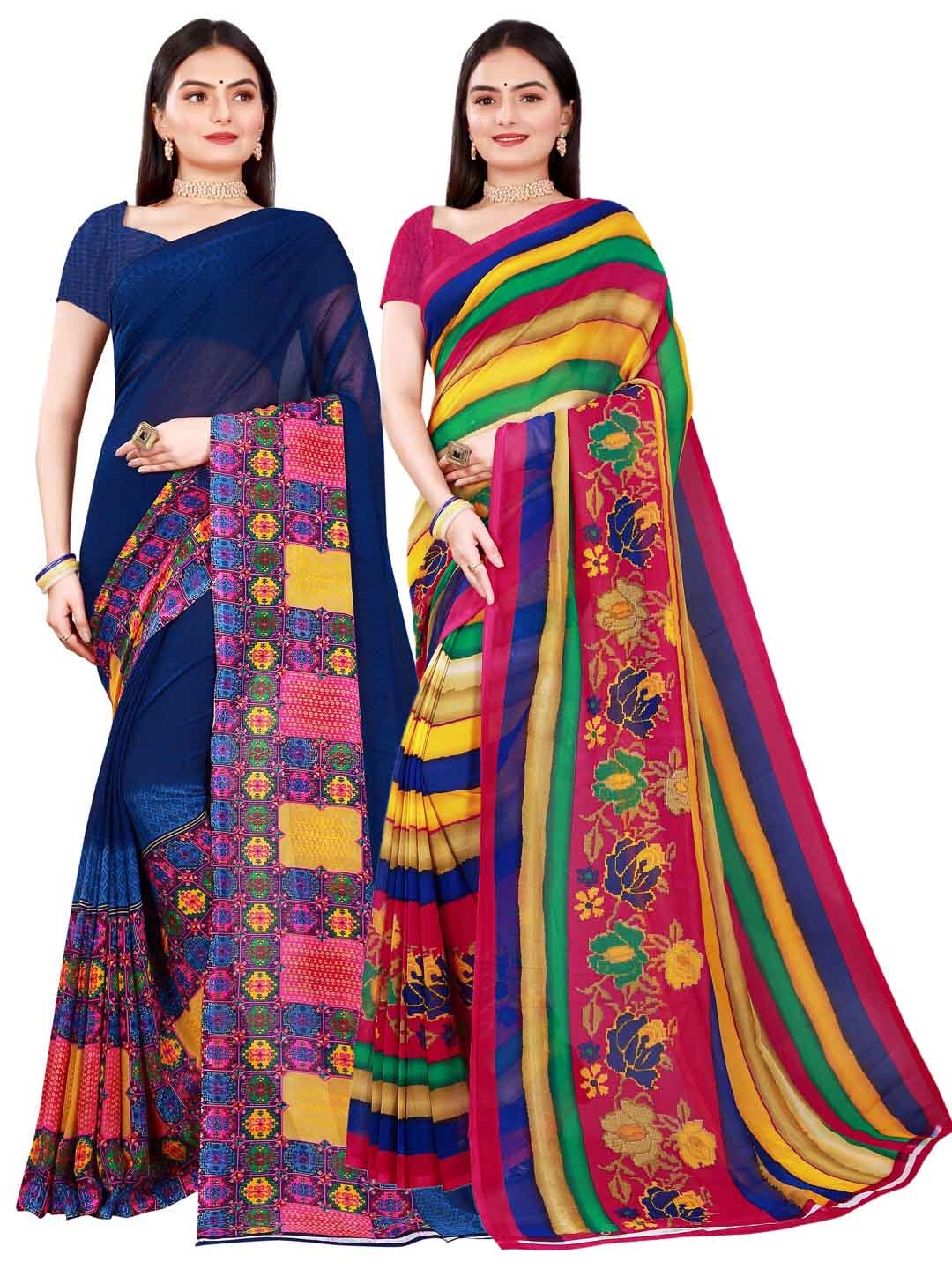 KALINI Pack Of 2 Navy Blue & Yellow Pure Georgette Saree