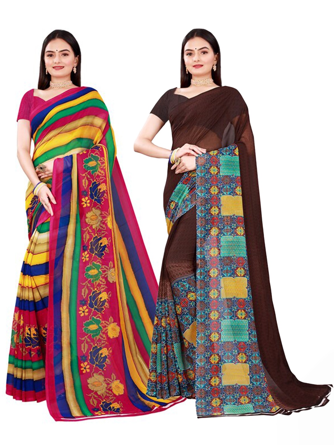 

KALINI Pack of 2 Brown & Navy Blue Pure Georgette Sarees
