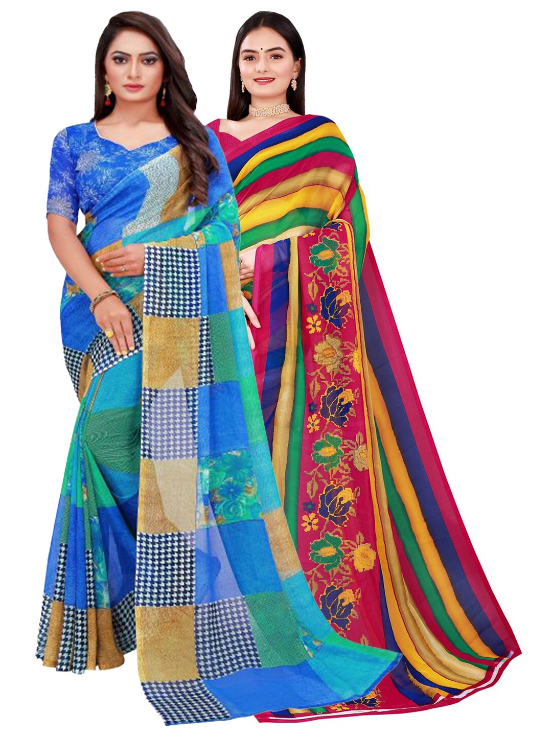 

KALINI Blue & Yellow 2 Pure Georgette Saree