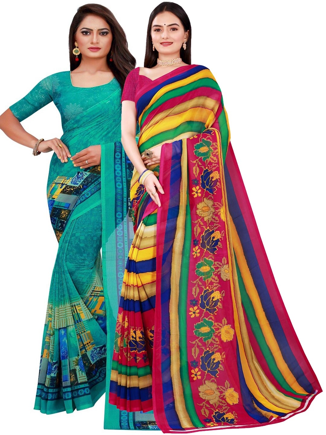 

KALINI Turquoise Blue & Yellow Pure Georgette Pack of 2 Saree