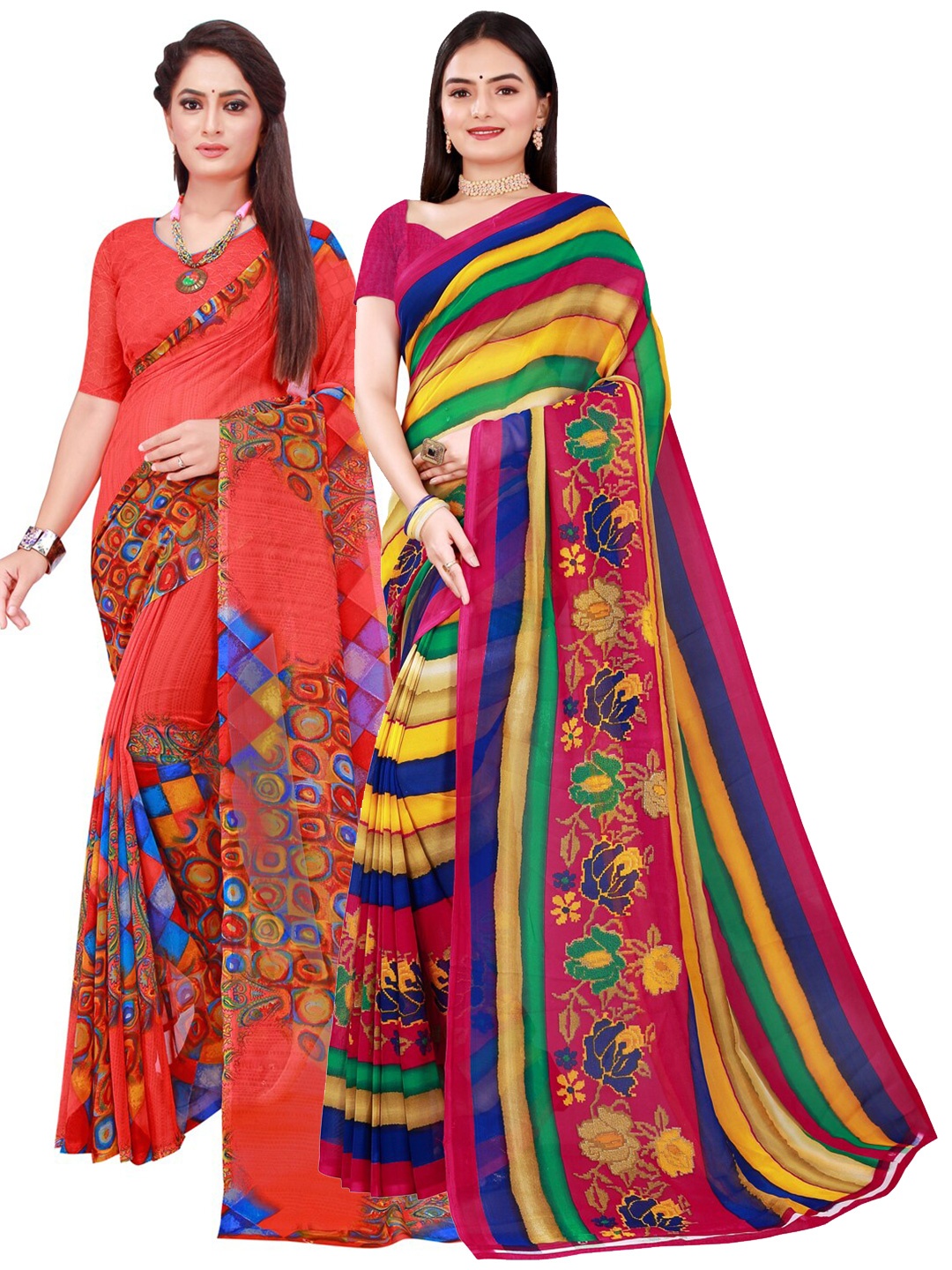 

KALINI Red & Yellow Pure Georgette Saree