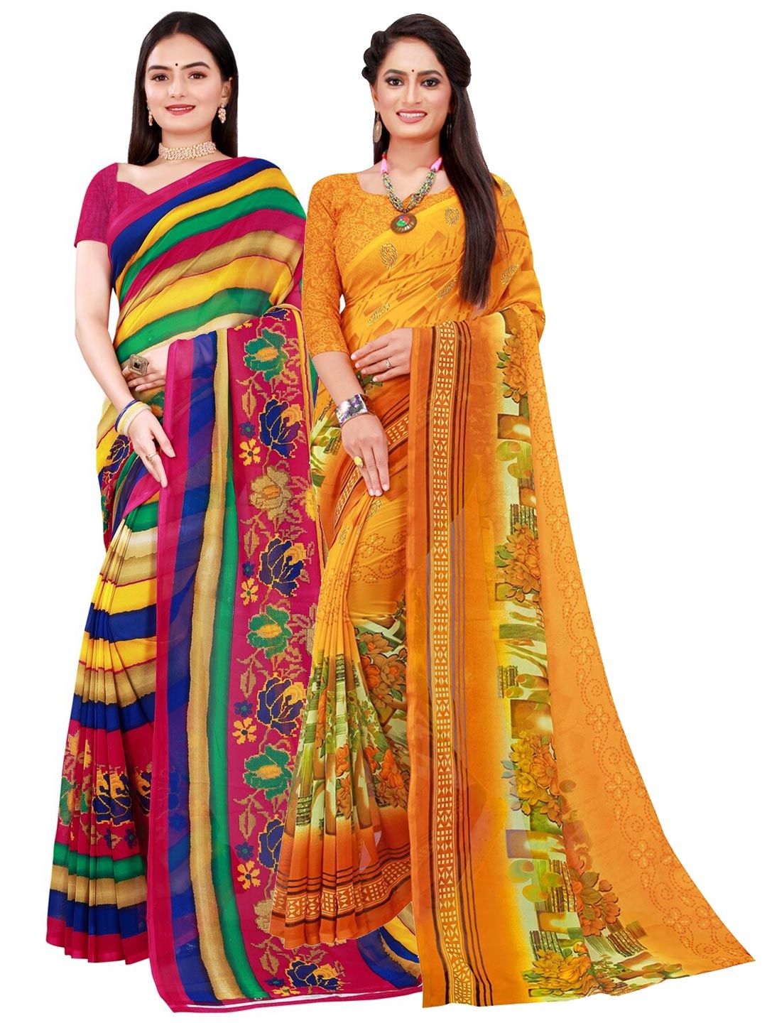 

KALINI Women Pack Of 2 Yellow & Pink Floral Pure Georgette Saree