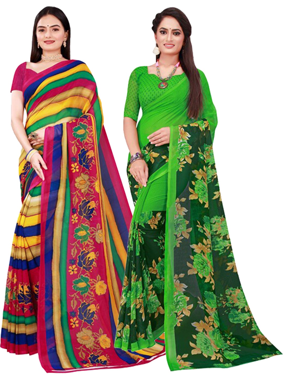 

KALINI Women Pack of 2 Green & Yellow Floral Printed Pure Georgette Saree