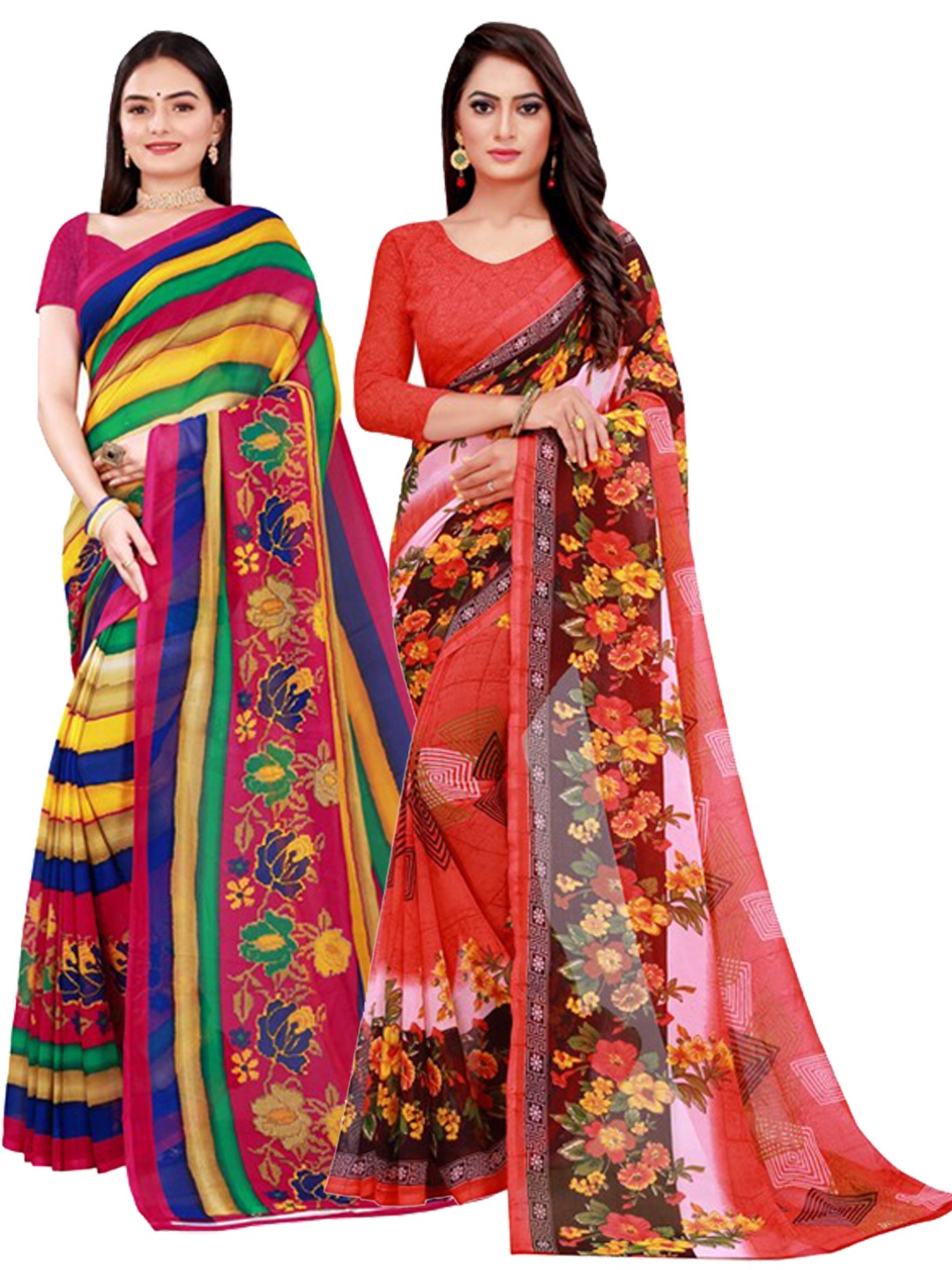 

KALINI Pack Of 2 Red & Orange Floral Pure Georgette Saree