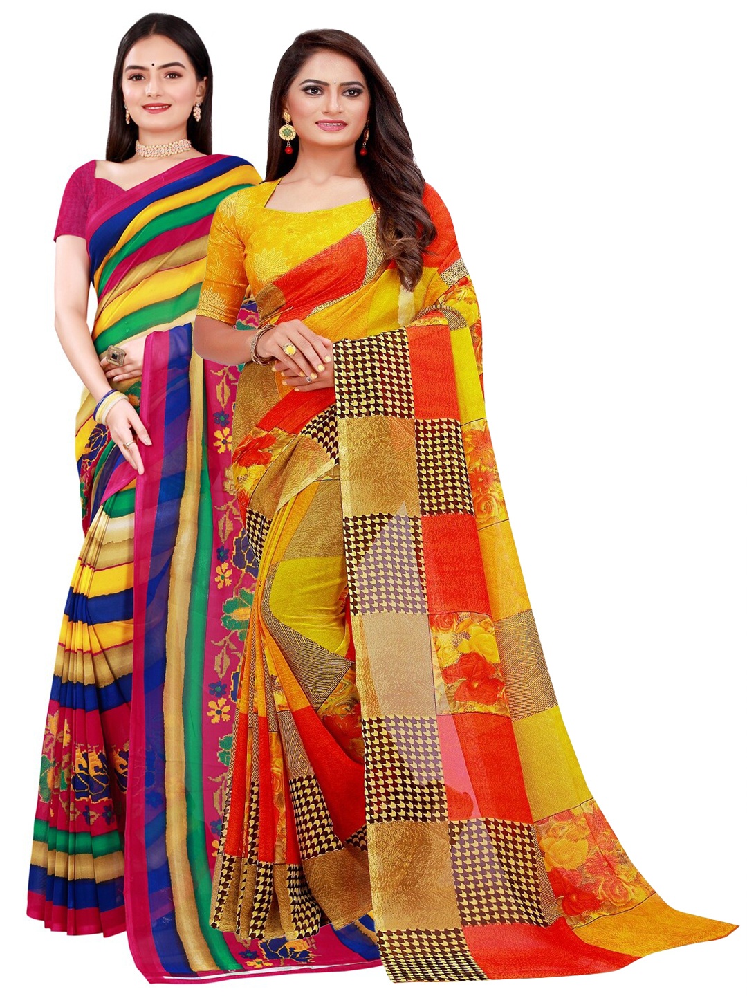 KALINI Pack of 2 Yellow & Blue Striped Pure Georgette Saree