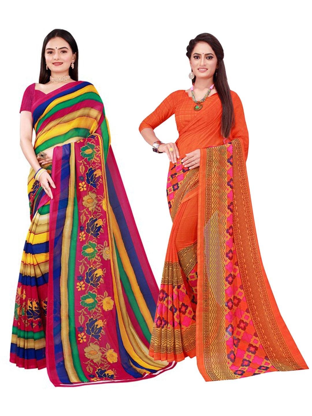

KALINI Pack of 2 Orange & Yellow Pure Georgette Saree