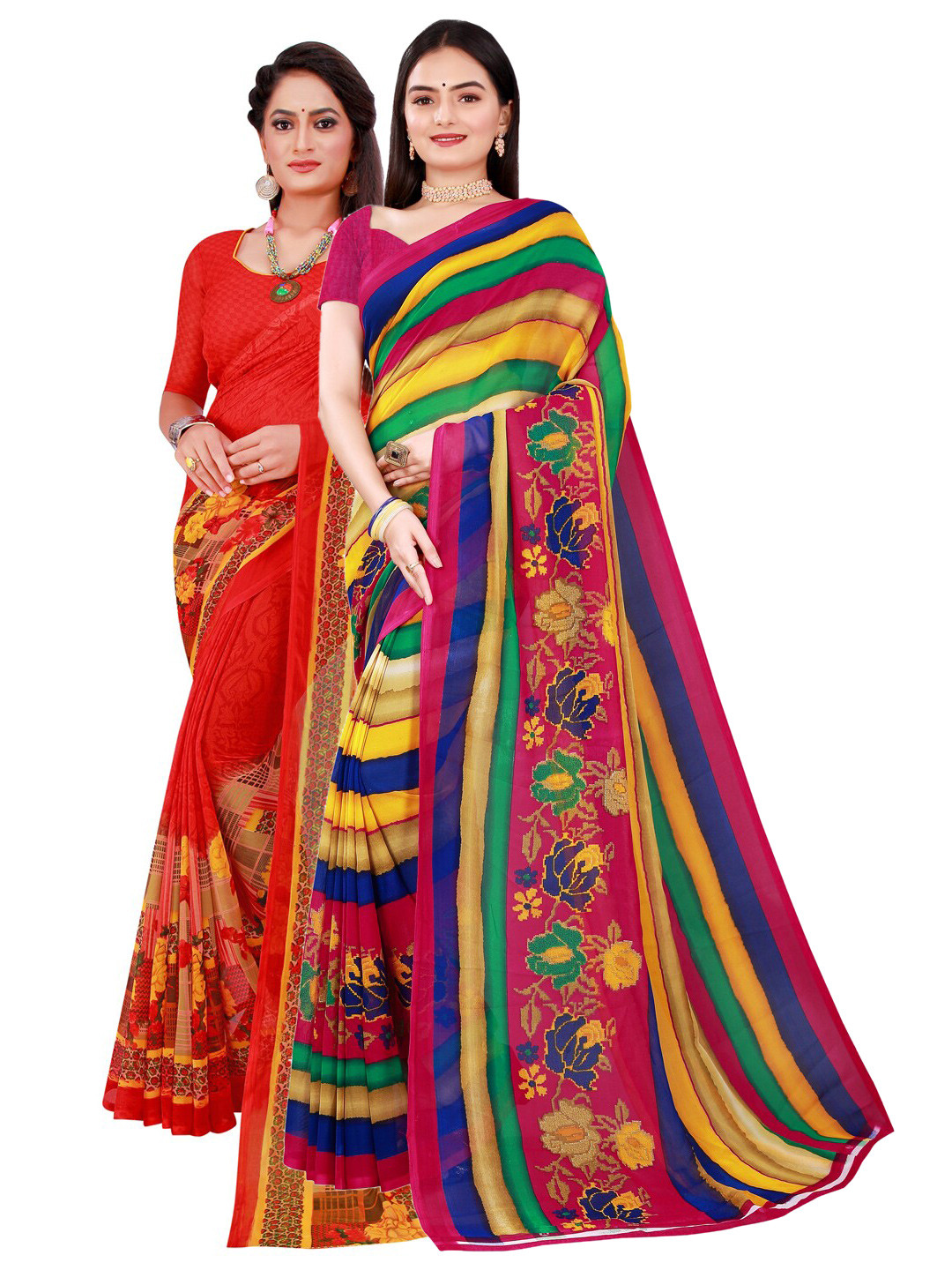 

KALINI Red & Yellow Pack of 2 Pure Georgette Saree