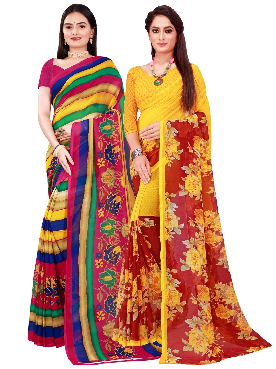 KALINI Pack of 2 Yellow & Orange Floral Pure Georgette Saree