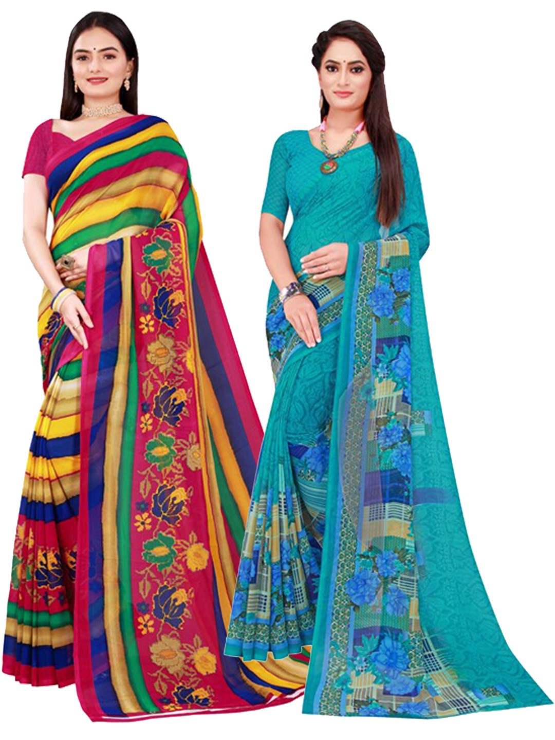 

KALINI Women Pack Of 2 Turquoise Blue & Yellow Printed Pure Georgette Saree