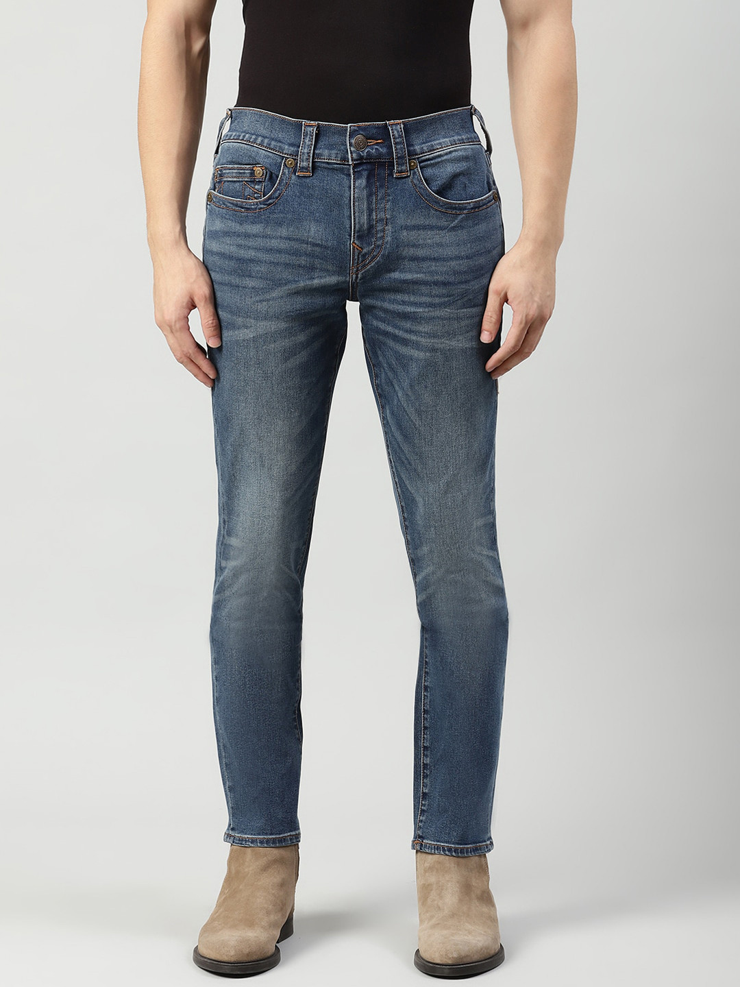 

True Religion Men Blue Straight Fit Low Distress Heavy Fade Jeans
