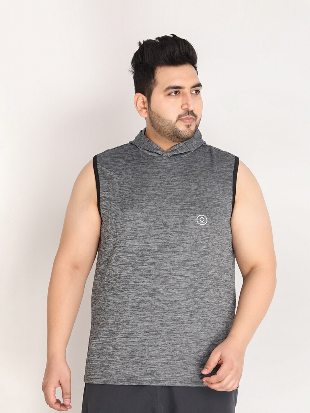 

CHKOKKO Plus Men Plus-Size Grey Melange Hooded T-shirt