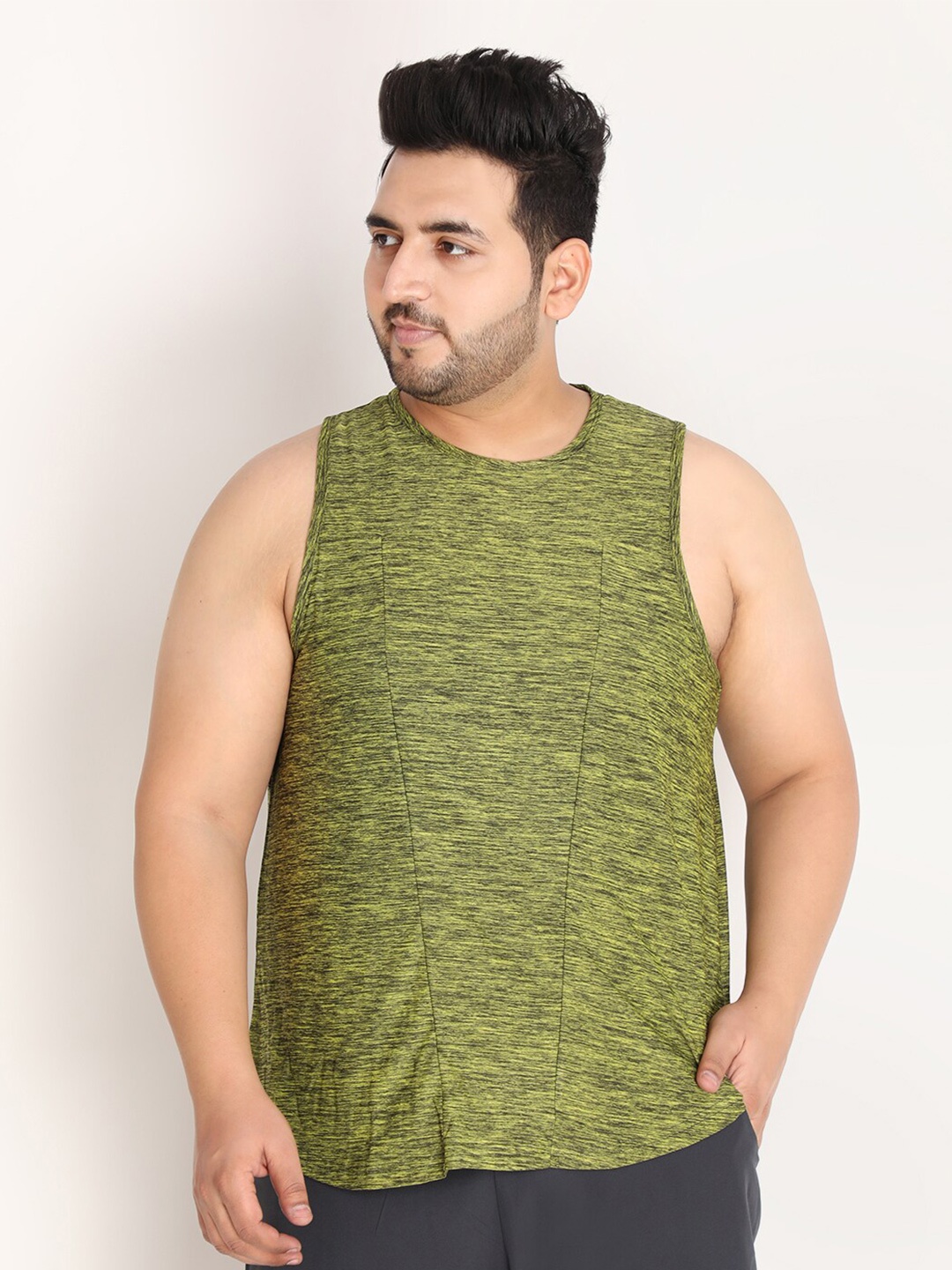

CHKOKKO Plus Men Olive Green Printed sleeveless T-shirt