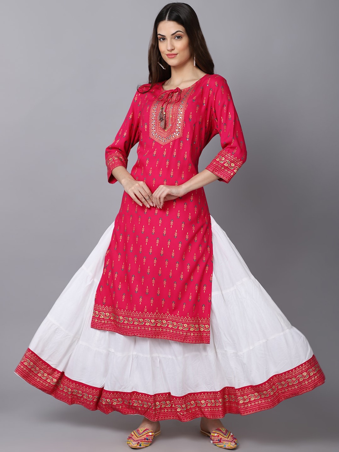 

ANAISA Women Pink Ethnic Motifs Embroidered Mirror Work Kurti with Skirt