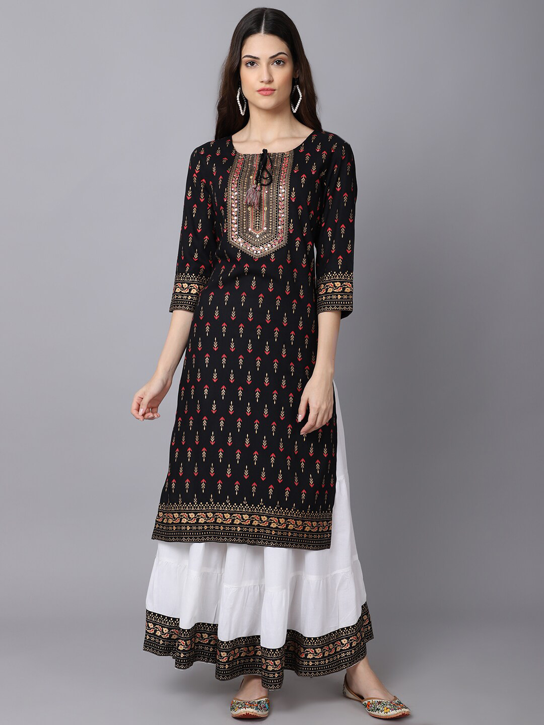 

ANAISA Women Black Ethnic Motifs Panelled Sequinned Kurti with Skirt