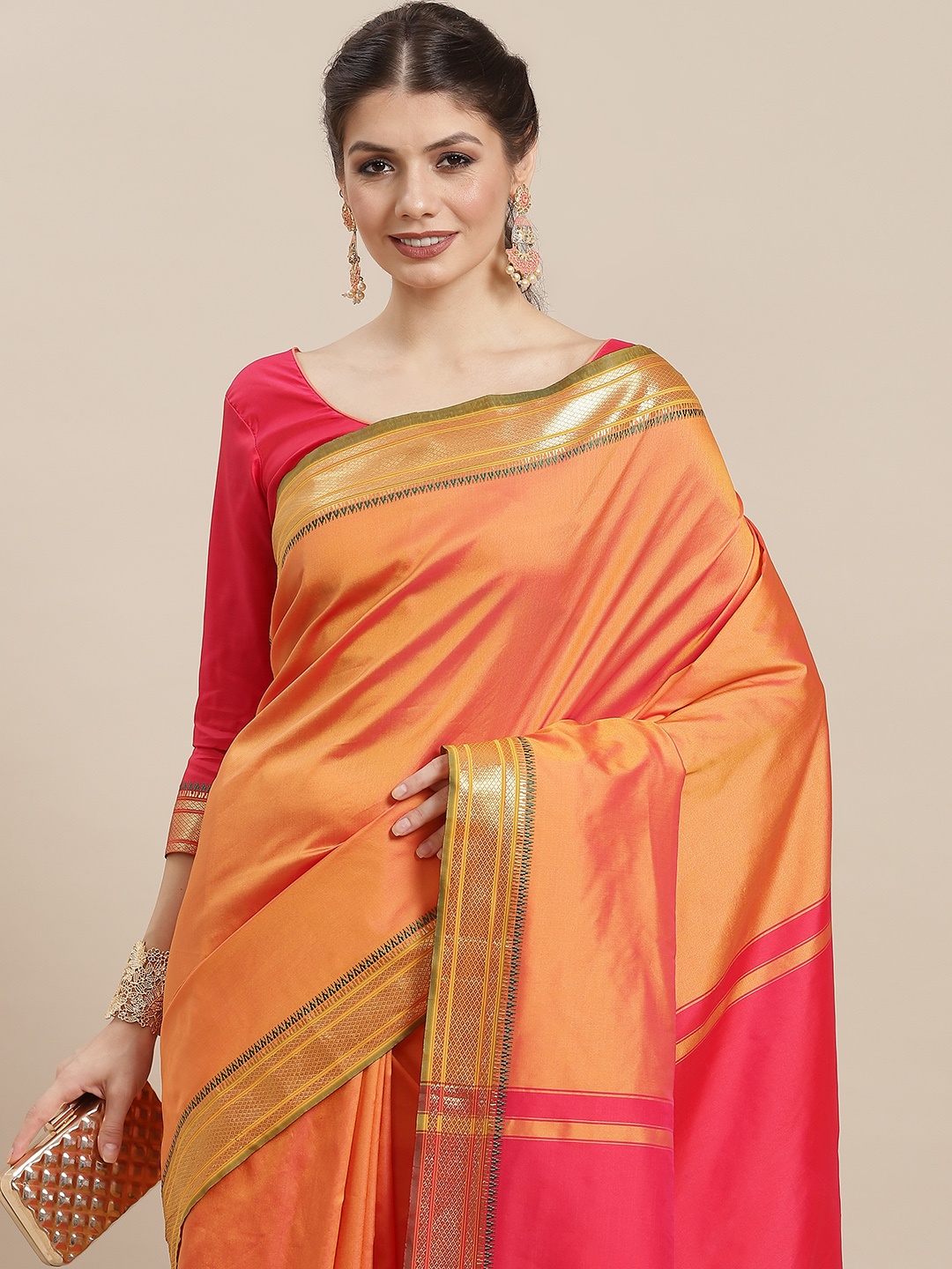 

KALINI Peach-Coloured & Gold-Toned Woven Design Silk Cotton Banarasi Saree