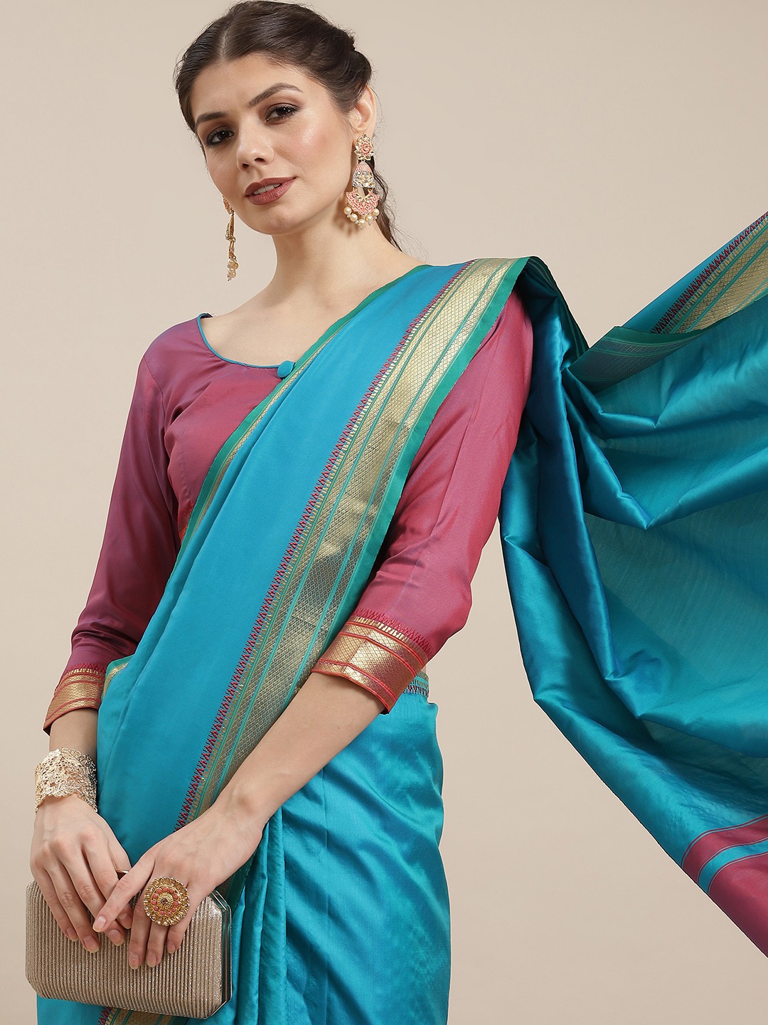 

KALINI Blue & Gold-Toned Woven Design Silk Cotton Banarasi Saree