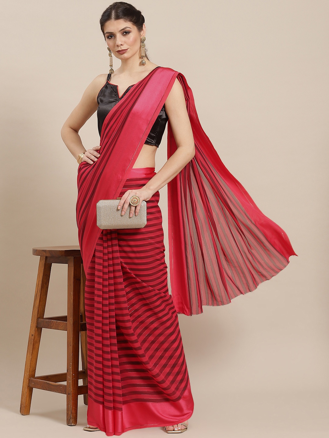 

KALINI Red Striped Silk Blend Leheriya Saree