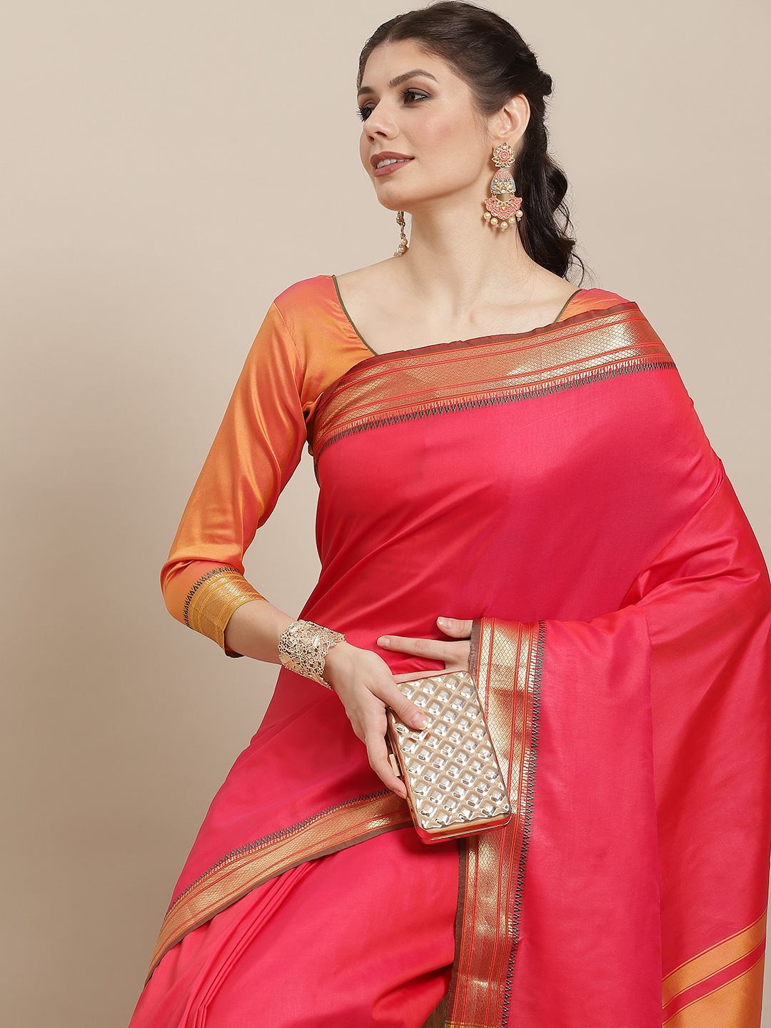 

KALINI Fuchsia Pink & Gold-Toned Woven Design Silk Cotton Banarasi Saree