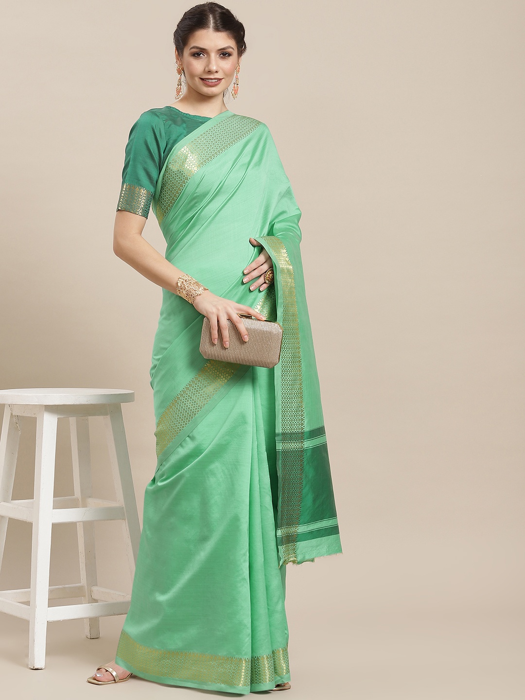 

KALINI Sea Green & Gold-Toned Woven Design Silk Cotton Banarasi Saree