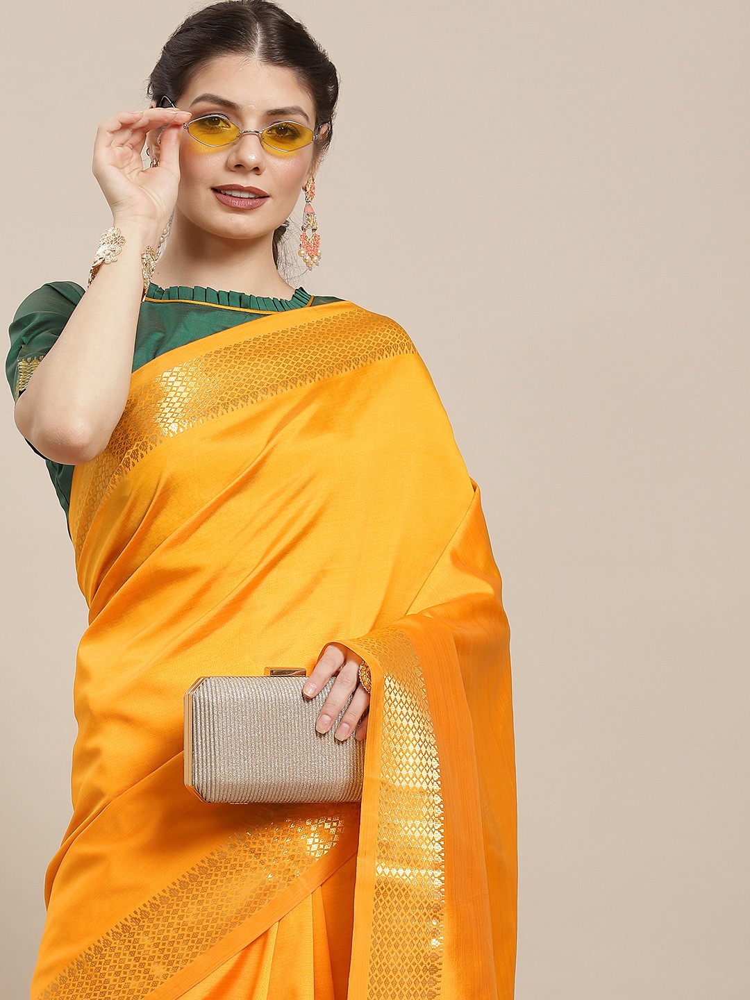 

KALINI Mustard Yellow & Gold-Toned Woven Design Silk Cotton Banarasi Saree