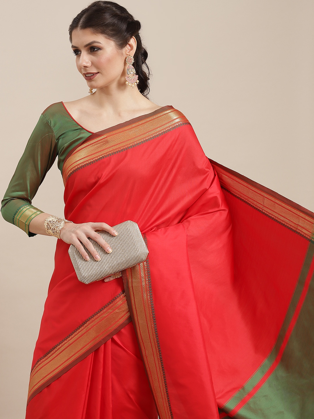 

KALINI Red & Gold-Toned Woven Design Silk Cotton Banarasi Saree