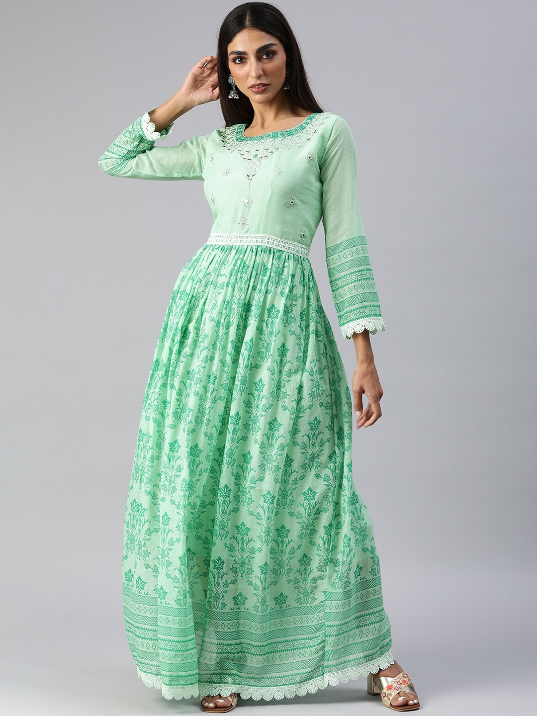 

SheWill Sea Green Floral Print Mirror Work Embroidered Ethnic A-Line Maxi Dress