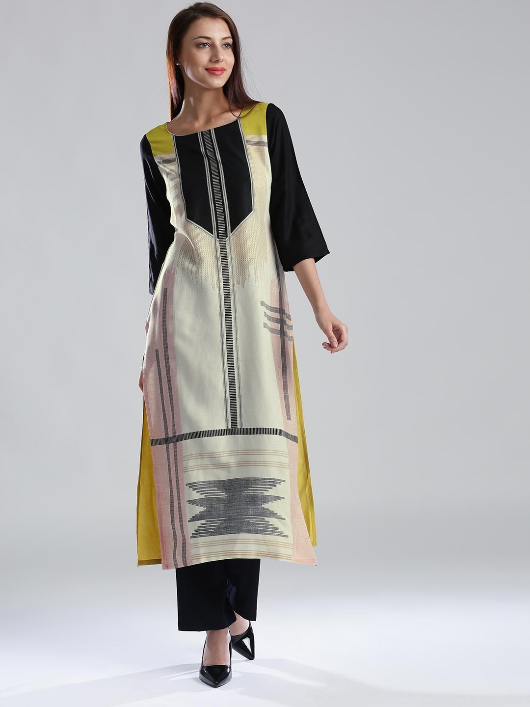 

W Women Off-White & Mustard Yellow Printed Straight Sustainable Kurta