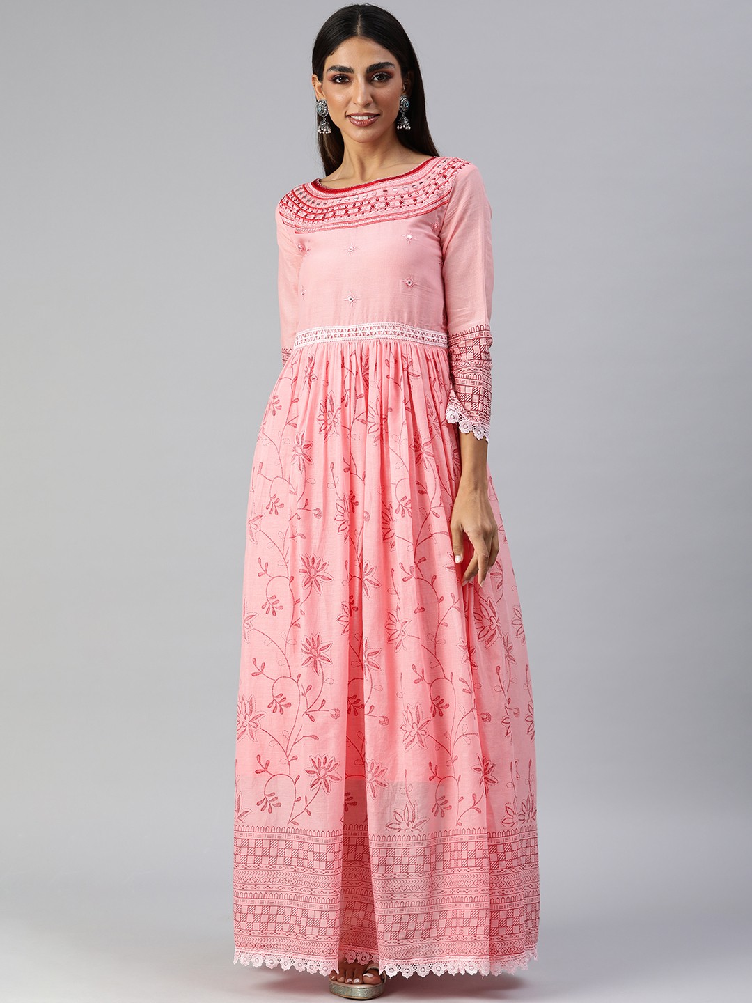 

SheWill Pink Floral Print Mirror Work Embroidered Ethnic A-Line Maxi Dress