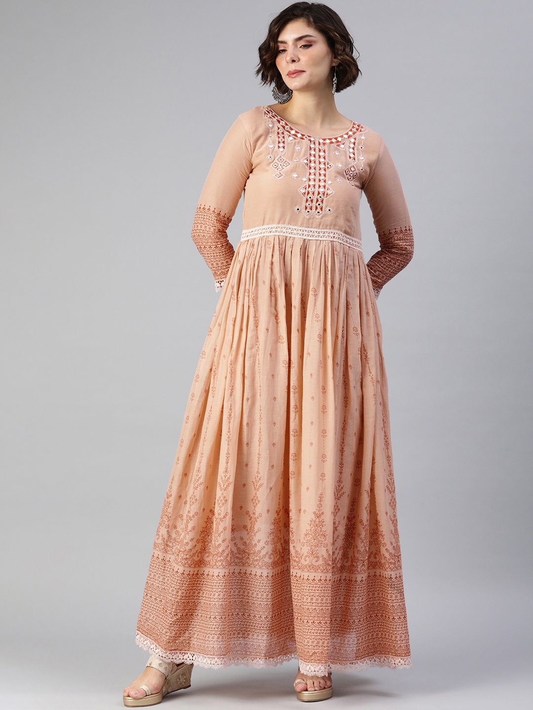 

SheWill Nude-Coloured Floral Print Mirror Work Embroidered Ethnic A-Line Maxi Dress