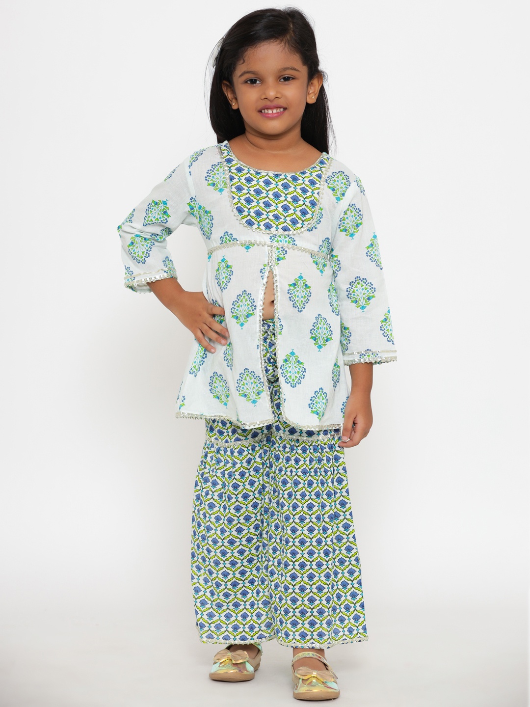 

Readiprint Fashions Girls White & Blue Printed Gotta Patti Pure Cotton Kurta with Sharara