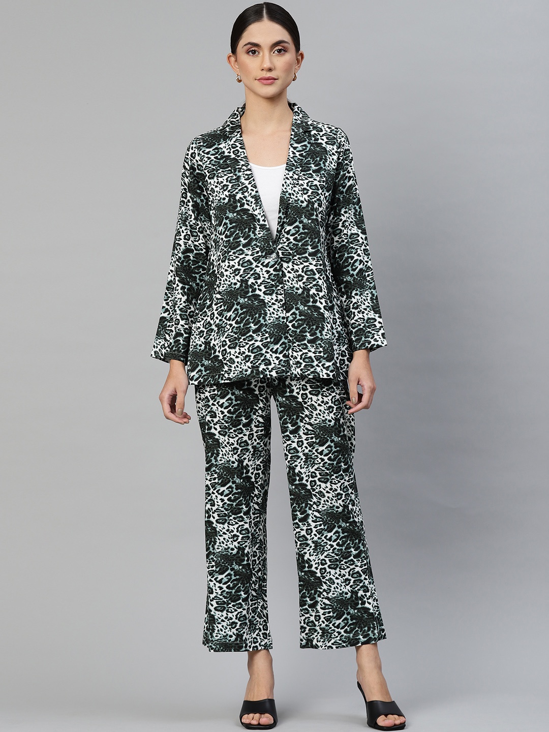

DEEBACO Women White & Olive Green Animal Printed Blazer with Trousers