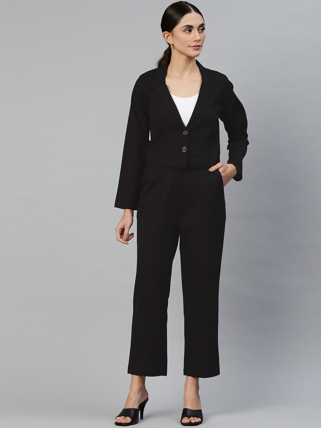 

DEEBACO Women Black Solid Pure Cotton Blazer with Trousers