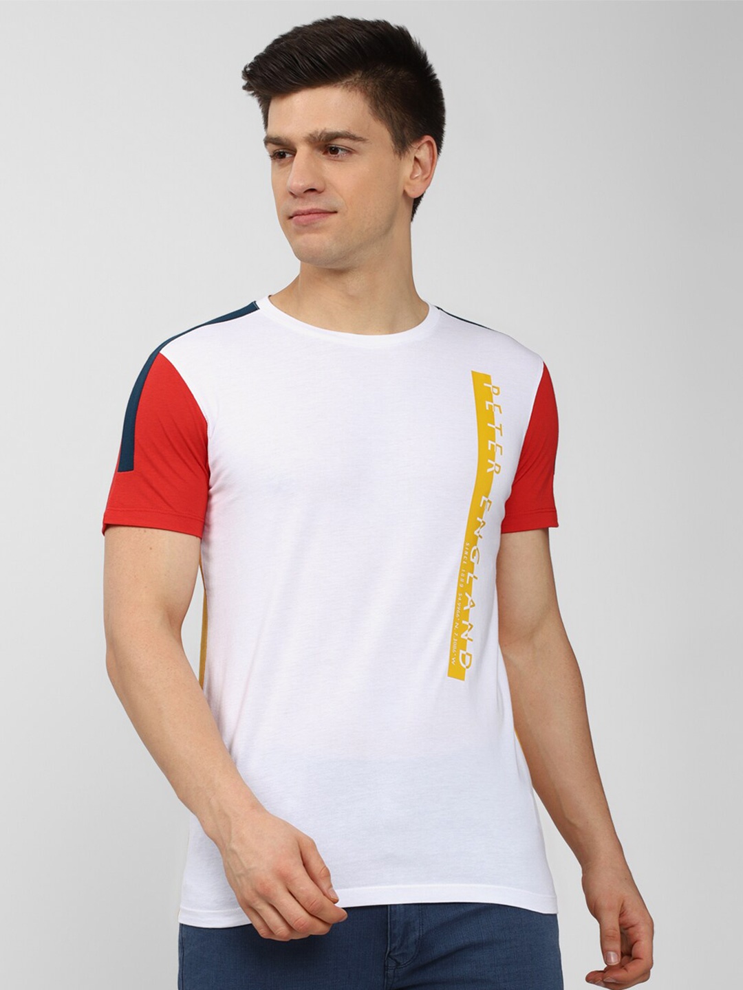 

Peter England Casuals Men White Colourblocked T-shirt