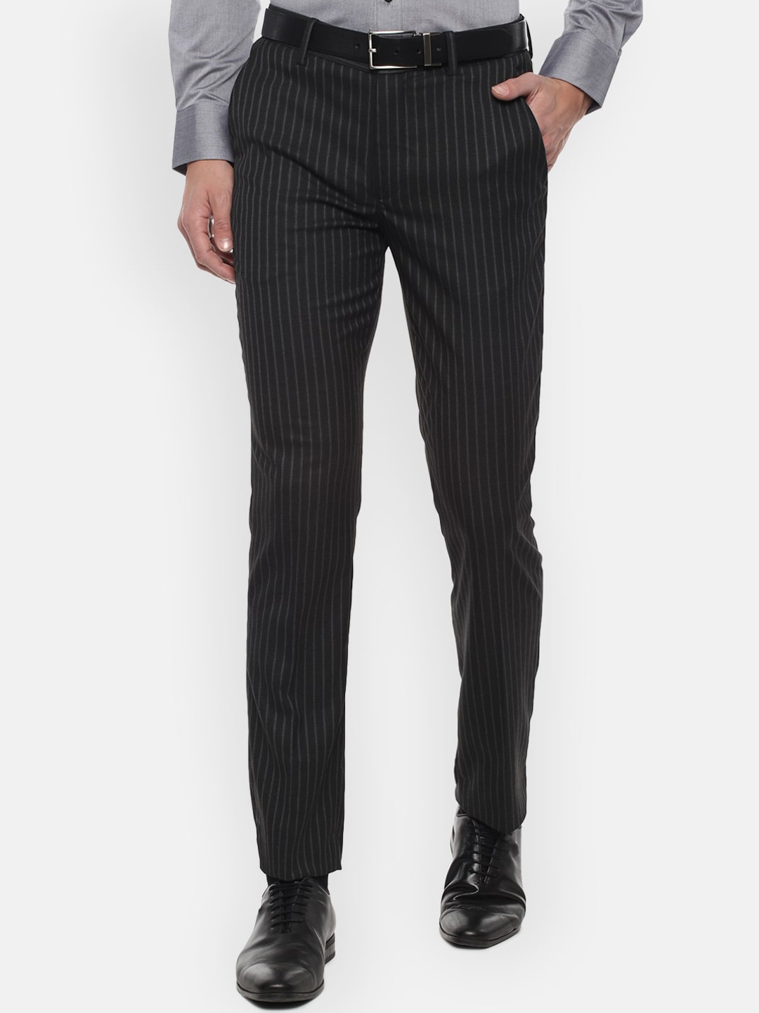 

Louis Philippe Men Black Striped Slim Fit Trousers